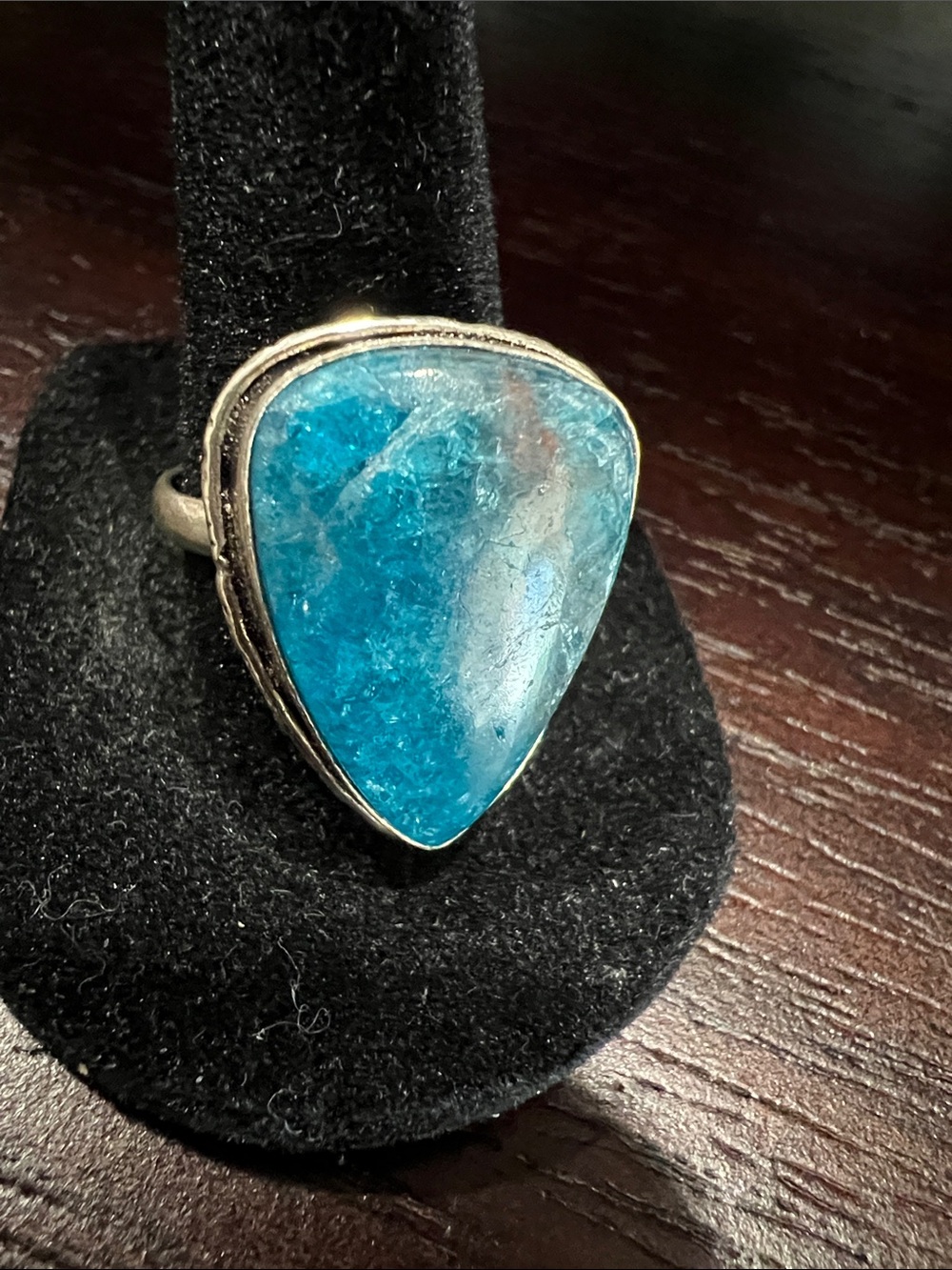 Blue Apatite Teardrop Gemstone Ring in Silver-Tone Setting